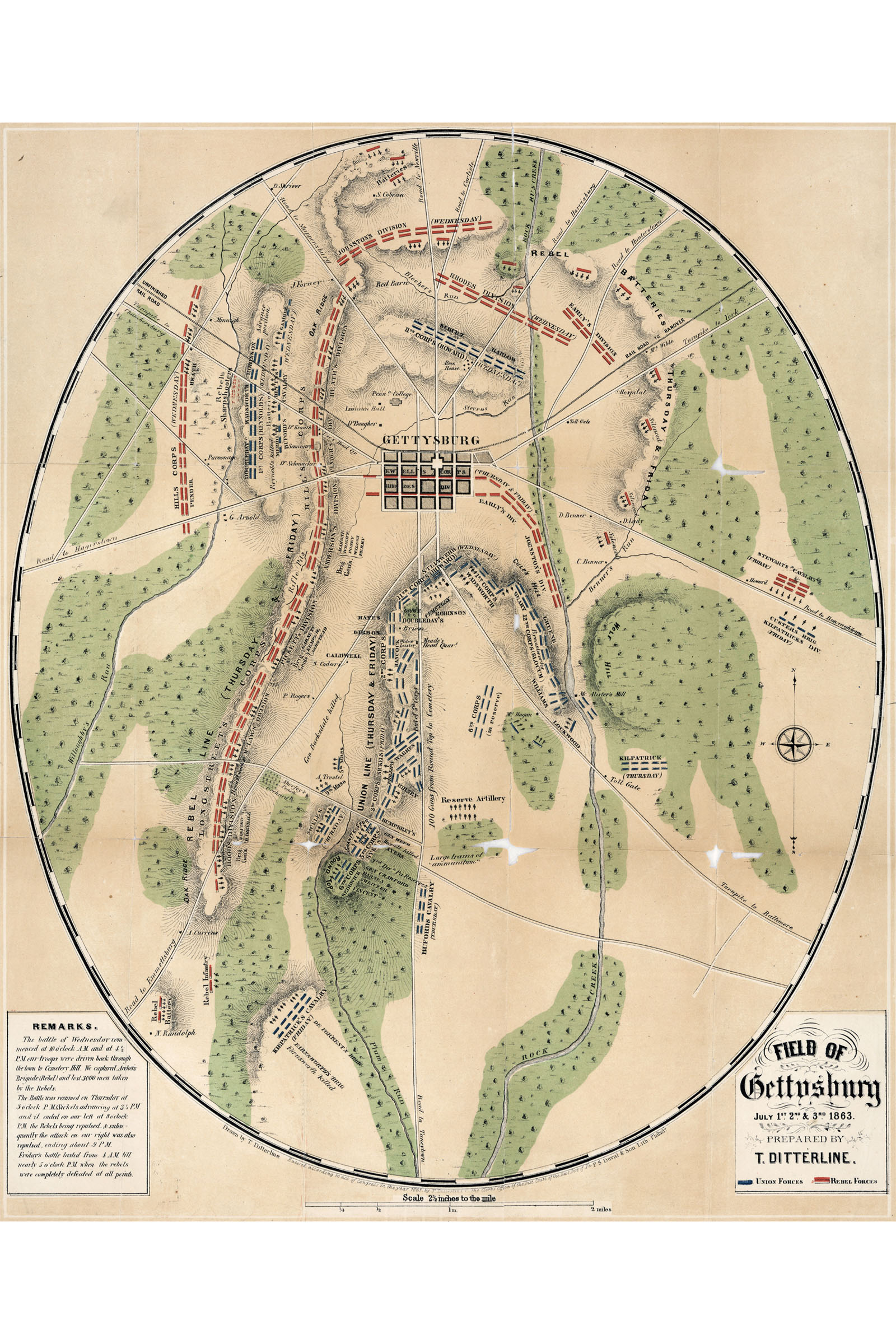 Map Gettysburg on July 1st, 2nd, and 3rd, 1863; Antique Civil War Map ...