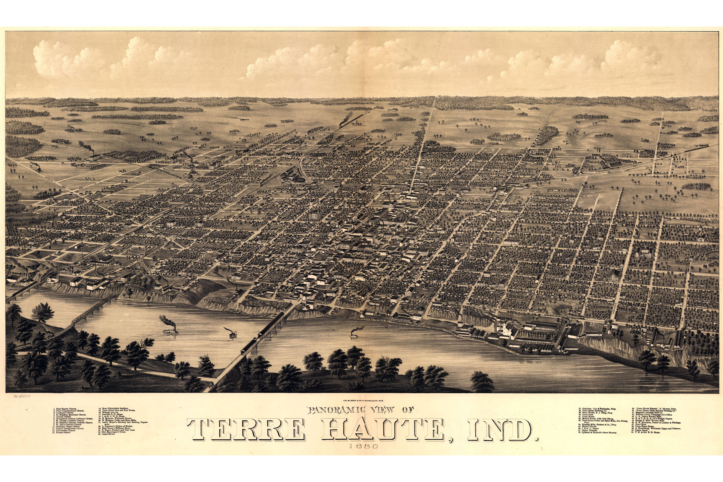 Map of Terre Haute, Indiana 1880; Antique Birdseye Map; Custom Printed